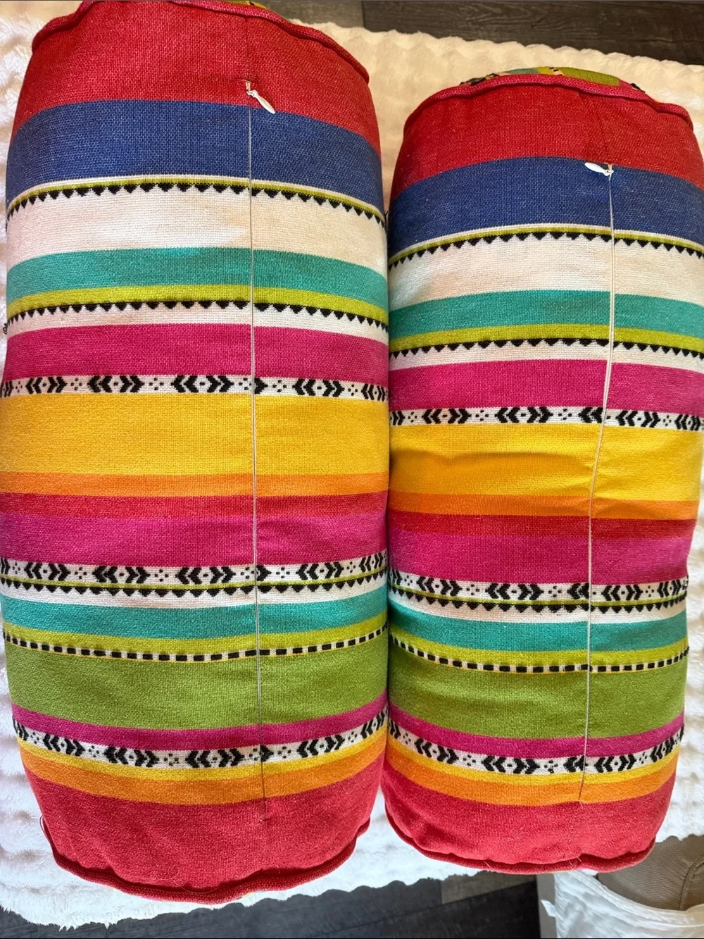 Colorful Striped Bolster Pillow Pair - Vibrant Red, Yellow & Green Accent
